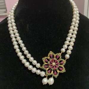 Elegant Pearl Necklace with Emerald & Ruby Sterling Silver 18-20”
